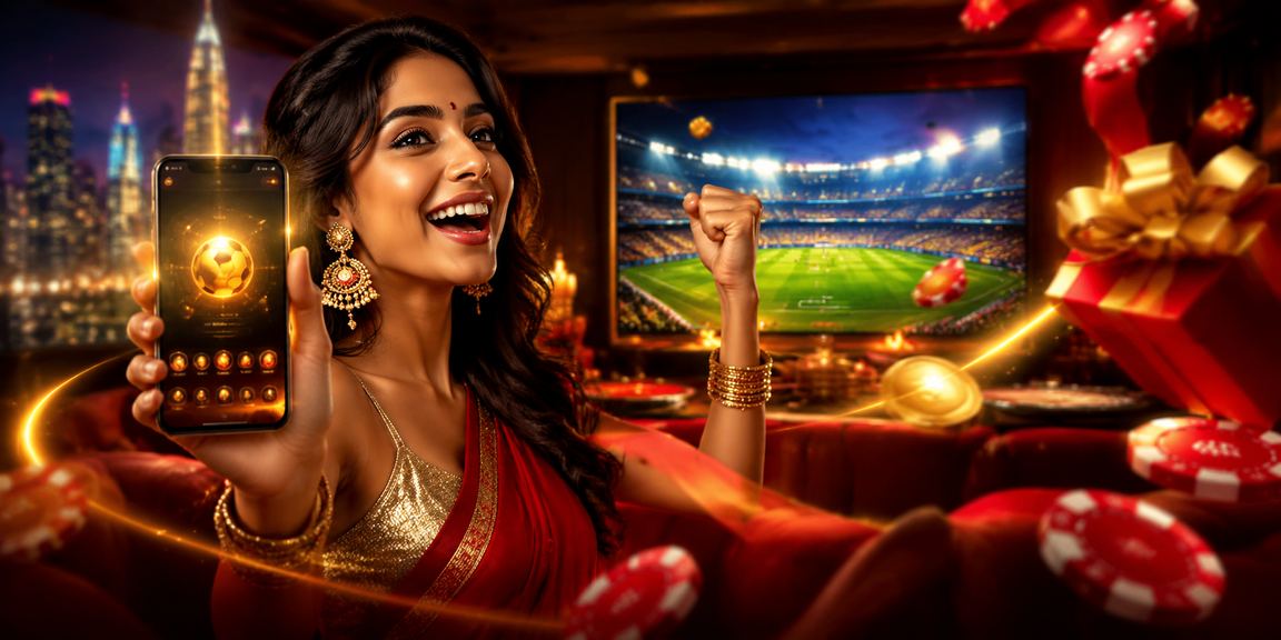 Goa beach scene with casino app display and festive red gold colors