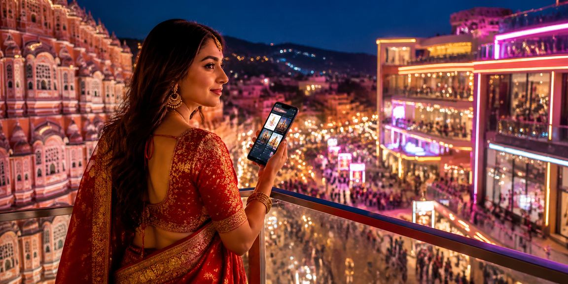 Vibrant evening view of Jaipur Hawa Mahal with festive ambiance